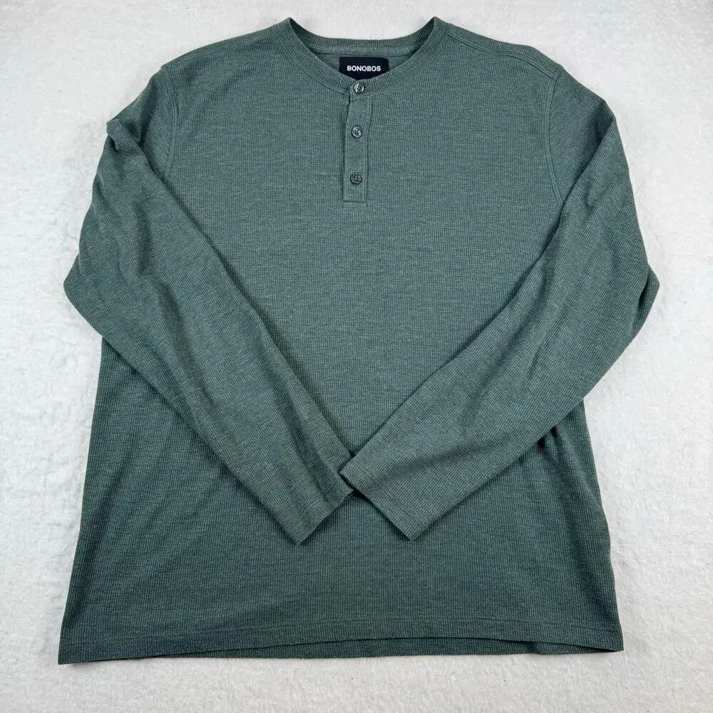 Bonobos Shirt Mens Size M Green Waffle Henley Long Sleeve Knit Casual Top